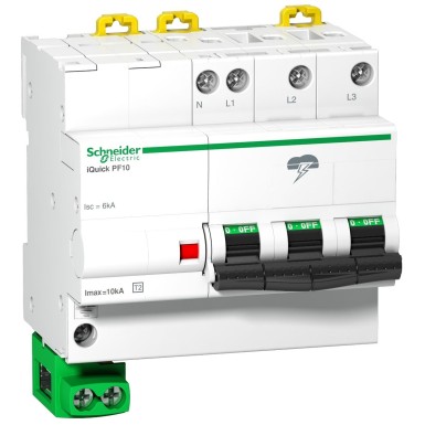 A9L16618 - Schneider Electric - Acti9, iQuick PF10 3P+N 230/400V 10kA surge arrester, supplied with earth cable