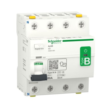 A9Z61480 - Schneider Electric - Residual current circuit breaker (RCCB), Acti9 iID, 4P, 80A, B-SI type, 30mA, double terminal