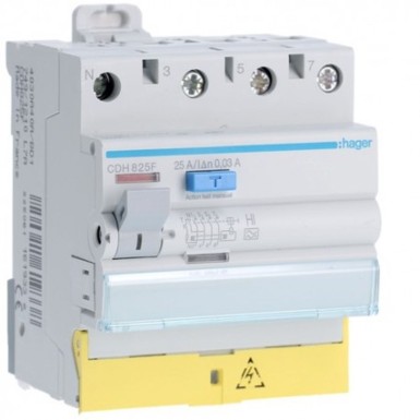 CDH825F - Hager - Differential switch 3P+N 25A 30mA high immunity type with staggered terminals - Ref: CDH825F