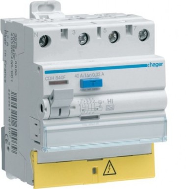 CDH840F - Hager - Differential switch 3P+N 40A 30mA high immunity type with staggered terminals - Ref: CDH840F