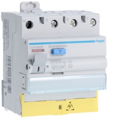 CDH863F - Hager - Differential switch 3P+N 63A 30mA high immunity type with staggered terminals - Ref: CDH863F