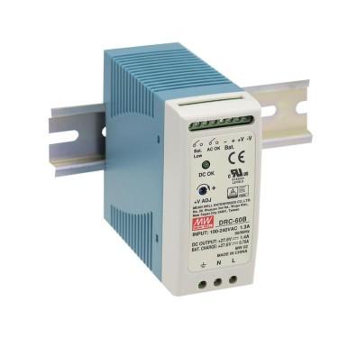 DRC-60A - Mean Well - AC-DC Industrial DIN rail with UPS function; Output 13.8Vdc at 2.8A + 13.8Vdc at 1.5A; with battery charger output