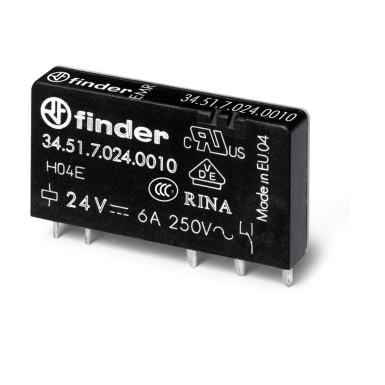 345170244010 - Finder - Ultra-thin electromechanical relay; installation on a printed circuit board; 1CO 6A; AGSNO2 contacts; 24V DC coil (sensitivity); Degree of protection of RTII