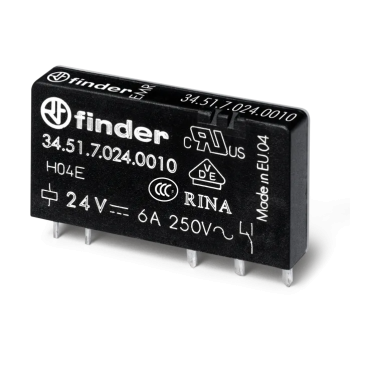 345170600010 - Finder - Ultra-thin electromechanical relay; installation on a printed circuit board; 1CO 6A; AGNI contacts; 60V DC coil (sensitivity); Degree of protection of RTII