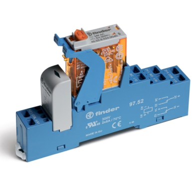 4C5290240050SPA - Finder - Interface module (assembly 46.52.9.024.0040 + 99.02.9.024.99 + 97.52SPA), electromechanical relay; 2CO 8A; AGNI contacts; 24Vdc; IP20 protection class; Cavigable terminals (spring clamp); plastic clips; LEDs + diodes; Test-button