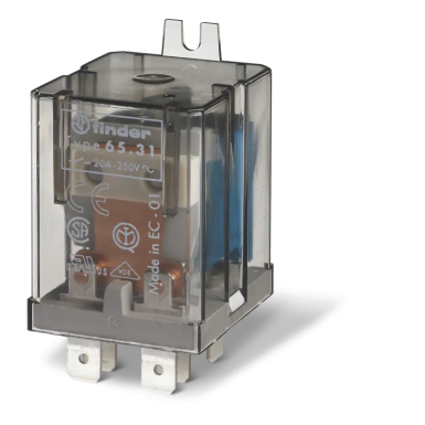 653182300000 - Finder - Power electromechanical relay; Installation in the tips of Faston 250 (6.3x0.8mm); 1NO + 1NC 20A; AGCDO contacts; Coil 230V AC; degree of protection of RTI; mounted flange; Options: No