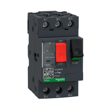 GV2ME02 - Schneider Electric - Motor circuit breaker, TeSys Deca, 3P, 0.16 to 0.25A, thermal magnetic, screw clamp terminals, button control