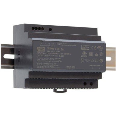 HDR-150-24 - Mean Well - AC-DC Ultra slim DIN rail power supply; Input range 85-264VAC; Output 24VDC at 6.25A