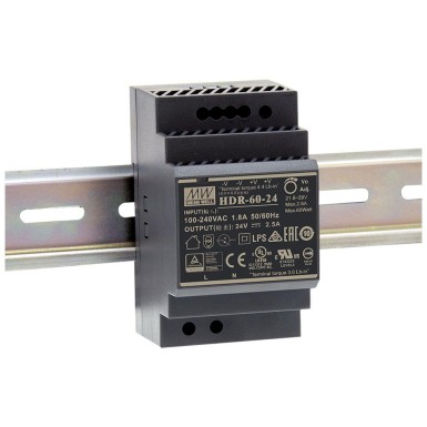 HDR-60-12 - Mean Well - AC-DC Ultra slim DIN rail power supply; Input range 85-264VAC; Output 12VDC at 4.5A; Pass LPS