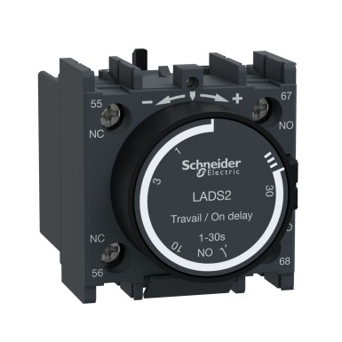 LADS2 - Schneider Electric - Time delay contact block,TeSys Deca,1NO+1NC,on-delay 1-30s,front,with 40±15ms switching time between NC opening and NO closing