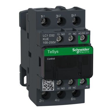 LC1D32KUE - Schneider Electric - Contactor, TeSys Deca, 3P(3 NO), AC-3/AC-3e, 0 to 440V, 32A, 100 to 250VAC/DC coil