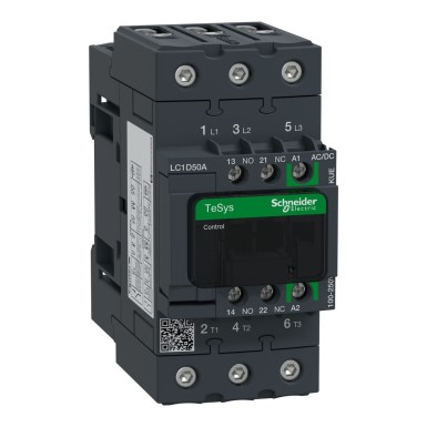 LC1D50AKUE - Schneider Electric - Contactor, TeSys Deca, 3P(3 NO), AC-3/AC-3e, 0 to 440V, 50A, 100 to 250VAC/DC coil, EverLink