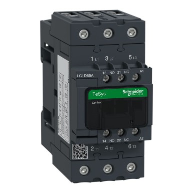 LC1D65AB7 - Schneider Electric - Contactor, TeSys Deca, 3P(3 NO), AC-3/AC-3e, 0 to 440V, 65A, 24VAC 50/60Hz coil