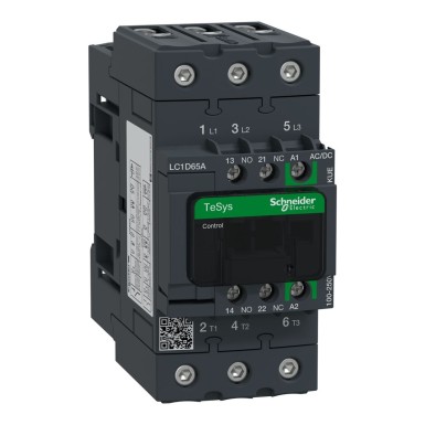LC1D65AKUE - Schneider Electric - Contactor, TeSys Deca, 3P(3 NO), AC-3/AC-3e, 0 to 440V, 65A, 100-250VAC/DC coil, EverLink