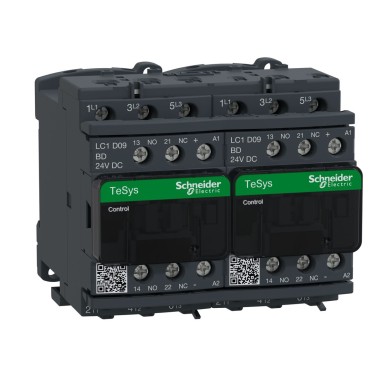 LC2D09BD - Schneider Electric - Reversing contactor, TeSys Deca, 3P(3 NO), AC-3, 0 to 440V, 9A, 24VDC coil, with electrical interlocking