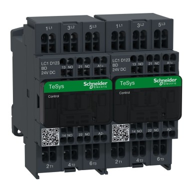 LC2D123BD - Schneider Electric - Reversing contactor, TeSys Deca, 3P(3 NO), AC-3, 0 to 440V, 12A, 24VDC coil, spring