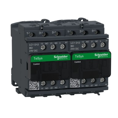 LC2D12BD - Schneider Electric - Reversing contactor, TeSys Deca, 3P(3 NO), AC-3, 0 to 440V, 12A, 24VDC coil, with electrical interlocking