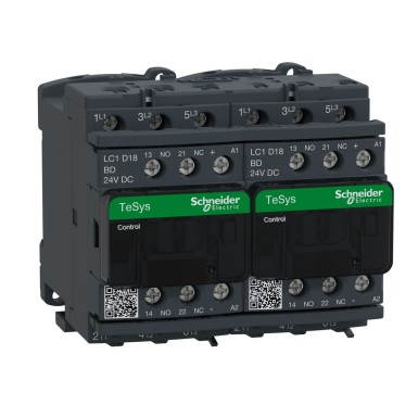 LC2D18BD - Schneider Electric - Reversing contactor, TeSys Deca, 3P(3 NO), AC-3, 0 to 440V, 18A, 24VDC coil, with electrical interlocking