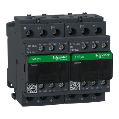 LC2D25BL - Schneider Electric - Reversing contactor, TeSys Deca, 3P(3 NO), AC-3, 0 to 440V, 25A, 24V low consumption DC coil