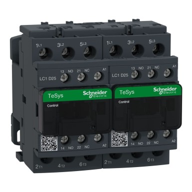 LC2D25P7 - Schneider Electric - Reversing contactor, TeSys Deca, 3P(3 NO), AC-3, 0 to 440V, 25A, 230VAC coil, with electrical interlocking