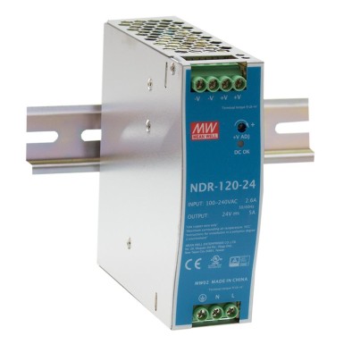 NDR-120-24 - Mean Well - AC-DC Single output Industrial DIN rail power supply; Output 24Vdc at 5A; metal case