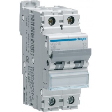 NFN216 - Hager - 2P 6-10kA C curve circuit breaker - 16A 2 modules - Ref: NFN216
