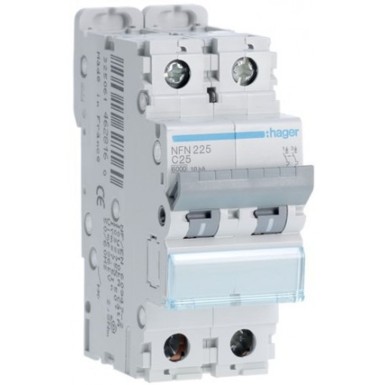 NFN225 - Hager - 2P 6-10kA C curve circuit breaker - 25A 2 modules - Ref: NFN225