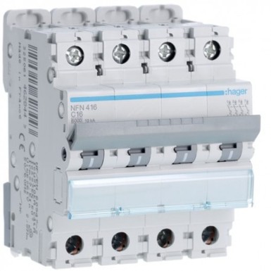 NFN416 - Hager - 4P 6-10kA C curve circuit breaker - 16A 4 modules - Ref: NFN416