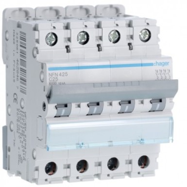 NFN425 - Hager - 4P 6-10kA C curve circuit breaker - 25A 4 modules - Ref: NFN425