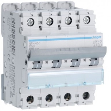 NFN450 - Hager - 4P 6-10kA C curve circuit breaker - 50A 4 modules - Ref: NFN450