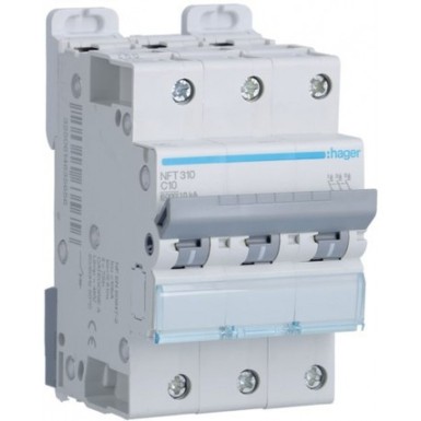 NFT310 - Hager - 3P 6-10kA C curve circuit breaker - 10A 3 modules - Ref: NFT310