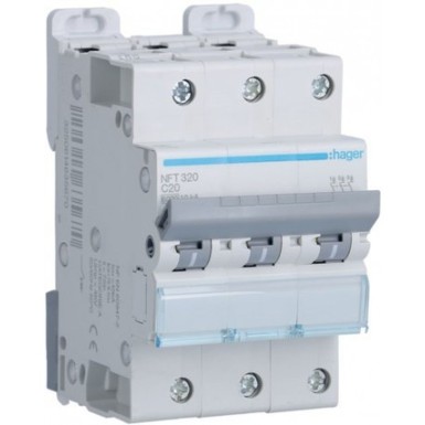 NFT320 - Hager - 3P 6-10kA C curve circuit breaker - 20A 3 modules - Ref: NFT320