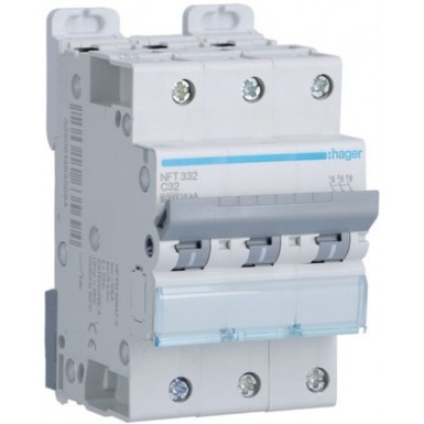 NFT332 - Hager - 3P 6-10kA C curve circuit breaker - 32A 3 modules - Ref: NFT332