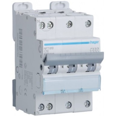 NFT810 - Hager - 3P+N 6-10kA C curve circuit breaker - 10A 3 modules - Ref: NFT810