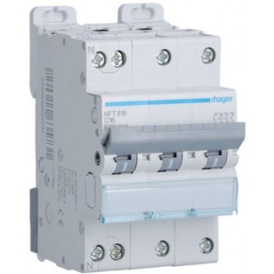 NFT816 - Hager - 3P+N 6-10kA C curve circuit breaker - 16A 3 modules - Ref: NFT816