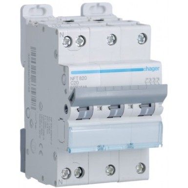 NFT820 - Hager - 3P+N 6-10kA C curve circuit breaker - 20A 3 modules - Ref: NFT820