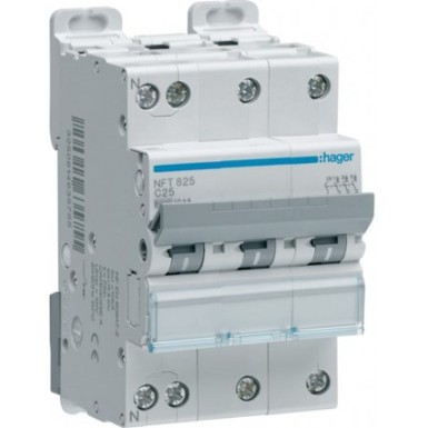 NFT825 - Hager - 3P+N 6-10kA C curve circuit breaker - 25A 3 modules - Ref: NFT825