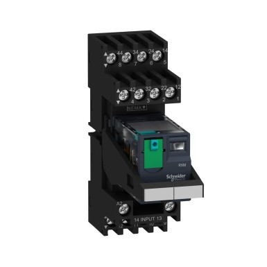 RXM4AB2BDPVM - Schneider Electric - Miniature plug in relay pre assembled, Harmony, 6A, 4CO, with LED, lockable test button, mixed terminals socket, 24V DC