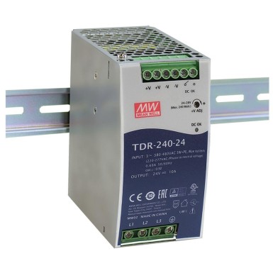 TDR-240-24 - Mean Well - AC-DC Industrial 3-phase DIN rail power supply with PFC and Constant Current; Output 24VDc at 10A; DC OK