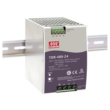 TDR-480-24 - Mean Well - AC-DC Industrial 3-phase DIN rail power supply with PFC and Constant Current; Output 24VDC at 20A