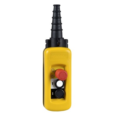 XACA27131 - Schneider Electric - Pendant control station, Harmony XAC, plastic, yellow, pistol grip, 2 push buttons 1NO + 1NO, 1 emergency stop latching 3NC