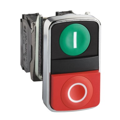 XB4BL73415 - Schneider Electric - Double-headed push button, Harmony XB4, metal, 22mm, 1 green flush marked I + 1 red projecting marked O, 1NO+1NC
