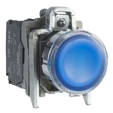 XB4BW36B5 - Schneider Electric - Illuminated push button, Harmony XB4, metal, blue flush, 22mm, universal LED, plain lens, 1NO + 1NC, 24V AC DC