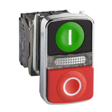 XB4BW73731B5 - Schneider Electric - Harmony XB4, Illuminated double-headed push button, metal, Ш22, 1 green flush I + 1 pilot light + 1 red projecting O, 1 NO + 1 NC