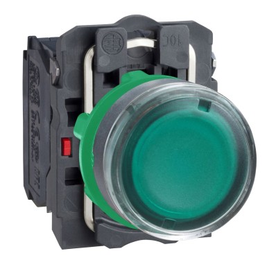XB5AW33B5 - Schneider Electric - Illuminated push button, Harmony XB5, plastic, green flush, 22mm, universal LED, plain lens, 1NO + 1NC, 24V AC DC