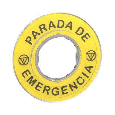 ZBY9420 - Schneider Electric - Legend, Harmony XB4, plastic, yellow, 90mm, for emergency stop, marked PARADA DE EMERGENCIA with logo ISO13851