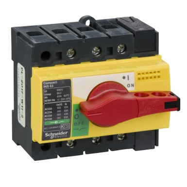 28918 - Switch disconnector, Compact INS63 , 63 A, with red rotary handle and yellow front, 3 poles - Schneider Electric - Switch disconnector, Compact INS63 , 63 A, with red rotary handle and yellow front, 3 poles - Schneider Electric - 0