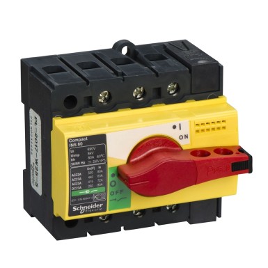 28920 - Switch disconnector, Compact INS80 , 80 A, with red rotary handle and yellow front, 3 poles - Schneider Electric - Switch disconnector, Compact INS80 , 80 A, with red rotary handle and yellow front, 3 poles - Schneider Electric - 0