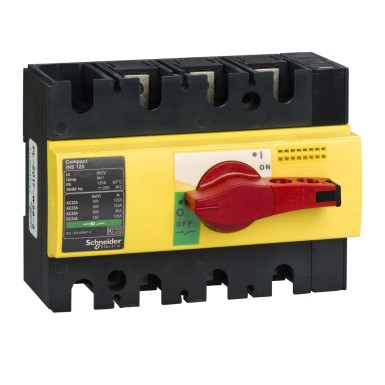 28926 - Switch disconnector, Compact INS125 , 125 A, with red rotary handle and yellow front, 3 poles - Schneider Electric - Switch disconnector, Compact INS125 , 125 A, with red rotary handle and yellow front, 3 poles - Schneider Electric - 0