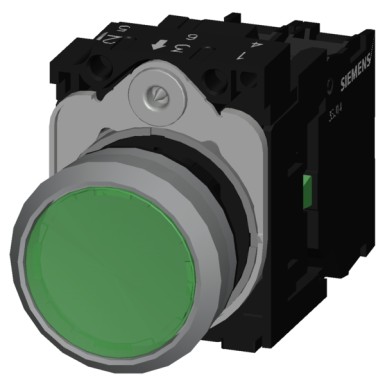 3SU1132-0AB40-1BA0 - Illuminated pushbutton, 22 mm, round, plastic with metal front ring, green, pushbutton, flat, moment - Siemens - Illuminated pushbutton, 22 mm, round, plastic with metal front ring, green, pushbutton, flat, moment - Siemens - 3